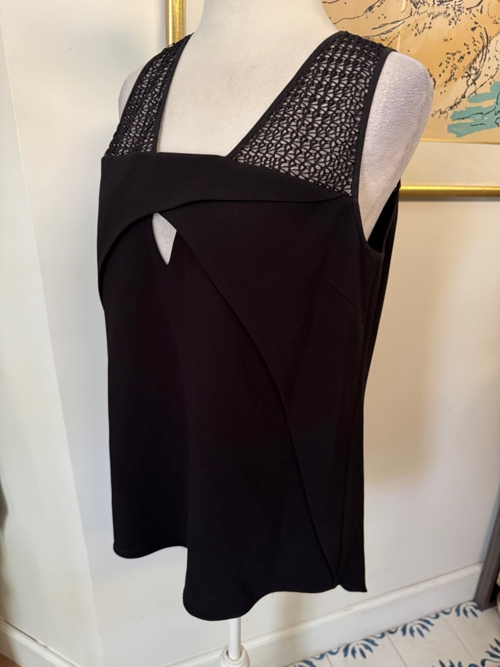Sachin & Babi evening black top layered design sheer textured panel across top